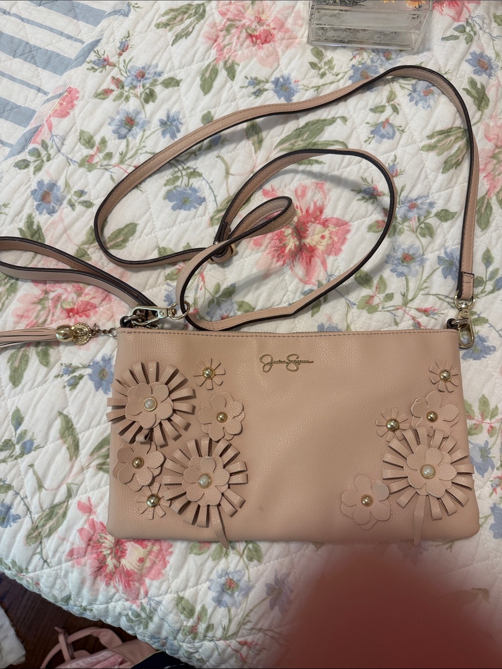 Jessica Simpson Blush Pink Floral Applique Crossbody Bag